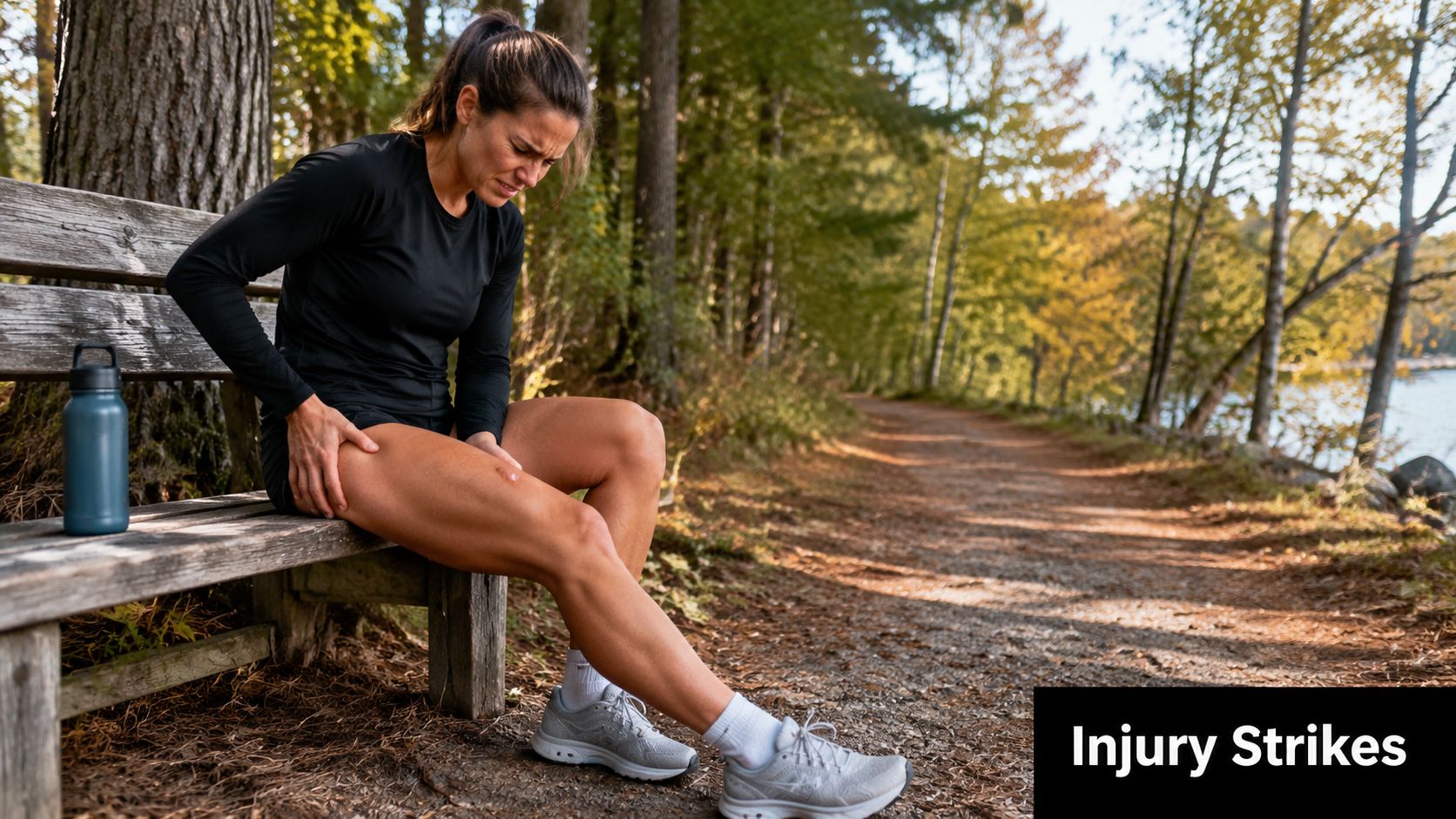 A female runner in athletic gear sitting on a park bench holding her injured thigh in pain.