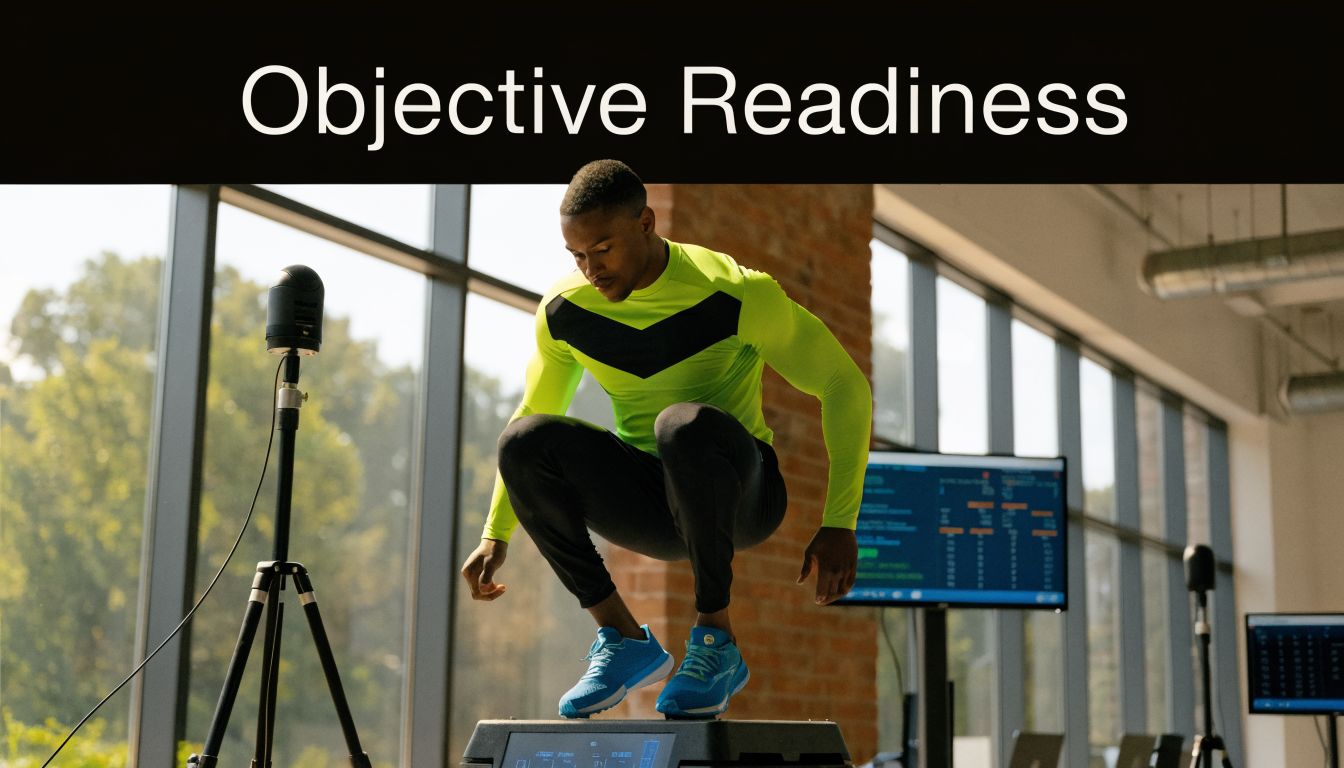 A male athlete jumping onto a platform during an objective readiness sports medicine performance assessment.