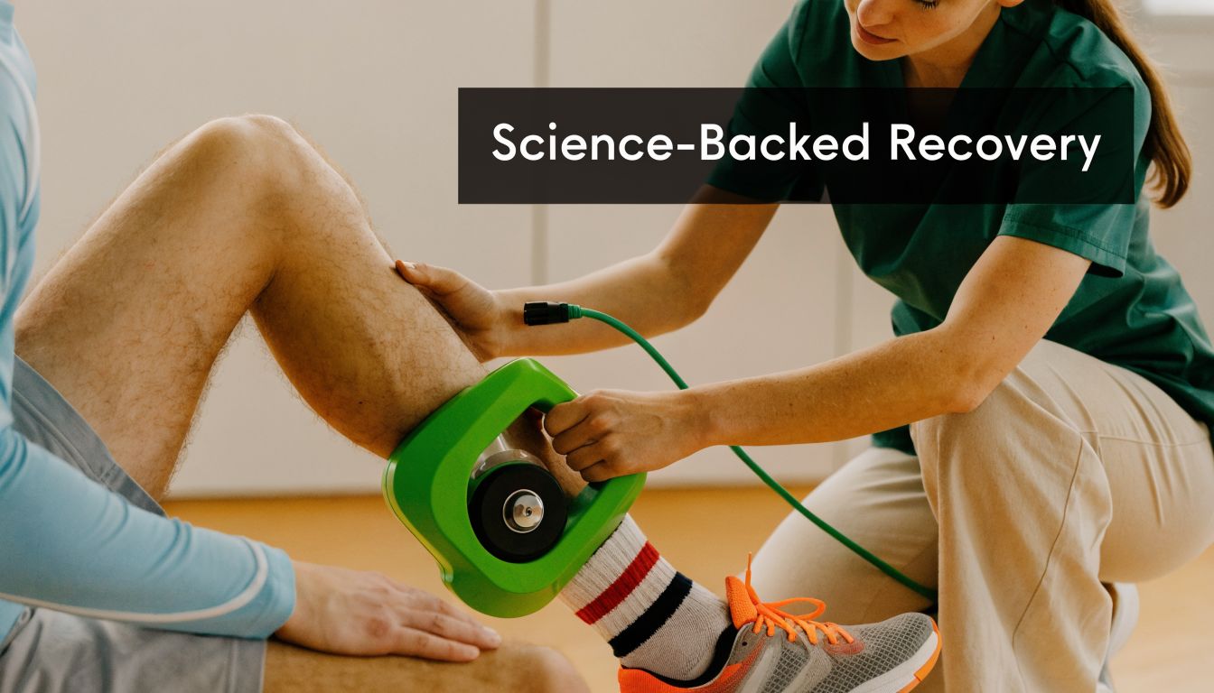 A physical therapist uses a professional medical device to treat a patient's lower leg in a clinic.