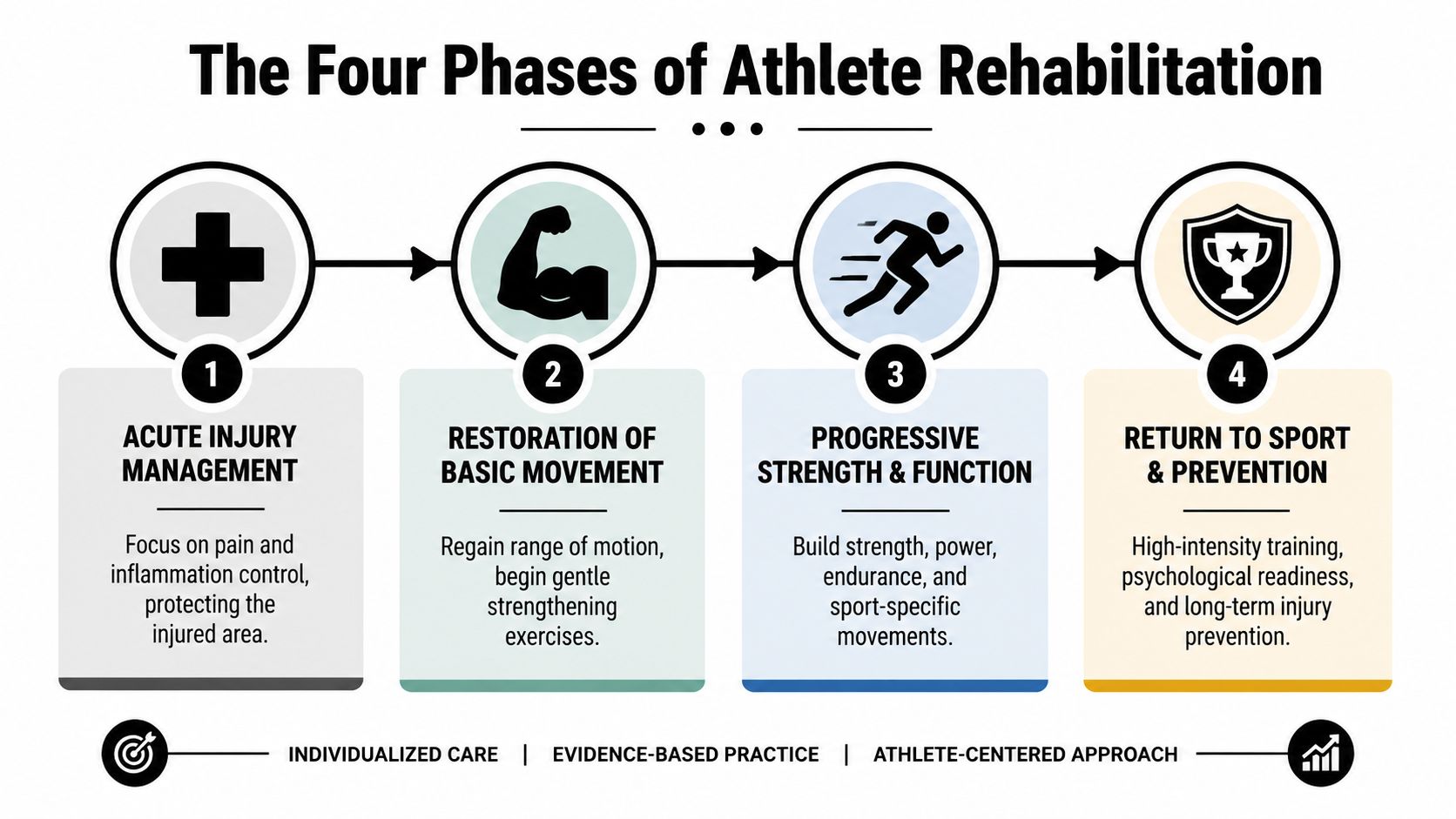 A diagram outlining the four sequential phases of athlete rehabilitation, from acute injury management to return to sport.