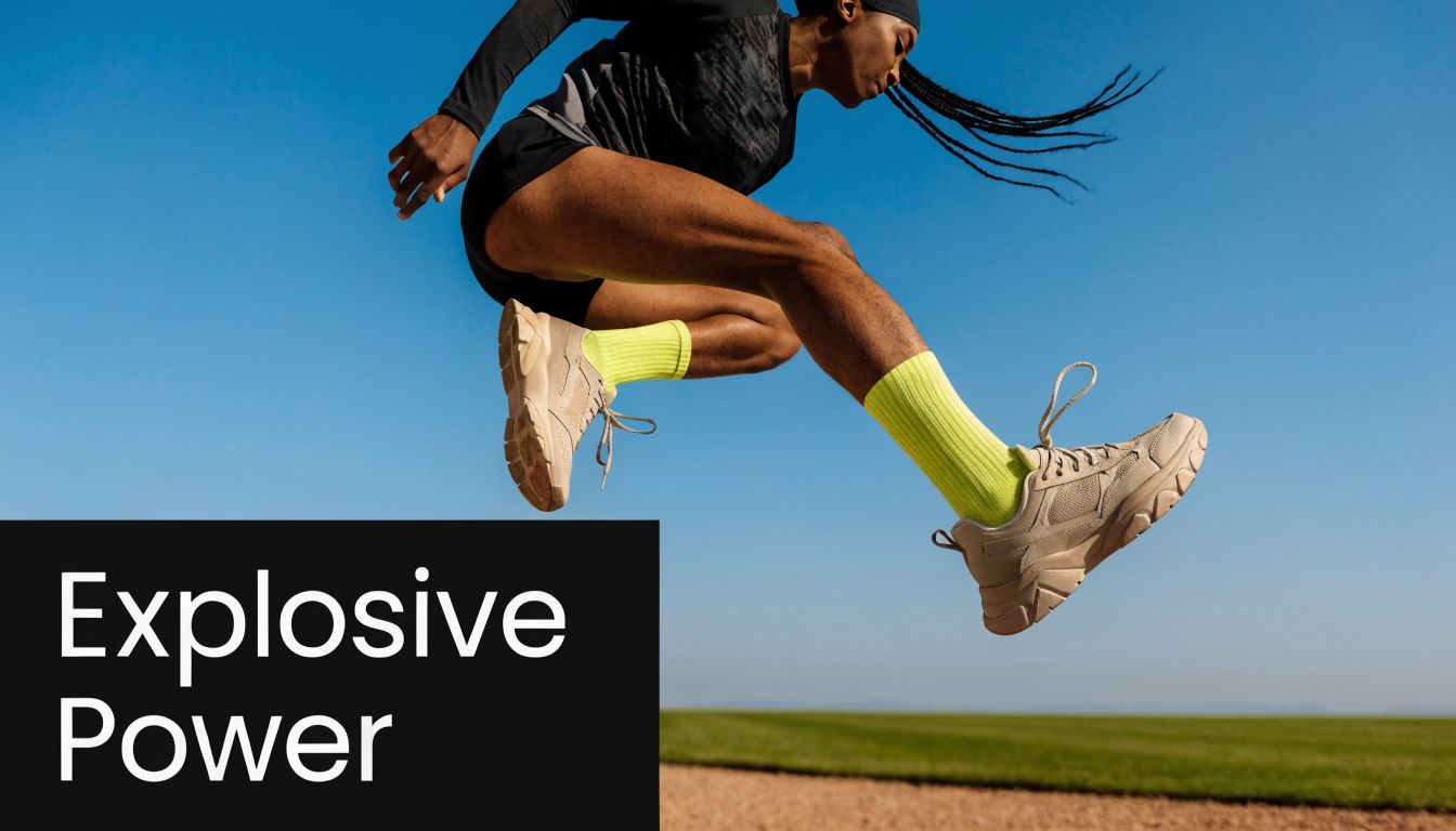 A female athlete with box braids leaping high in the air against a clear blue sky