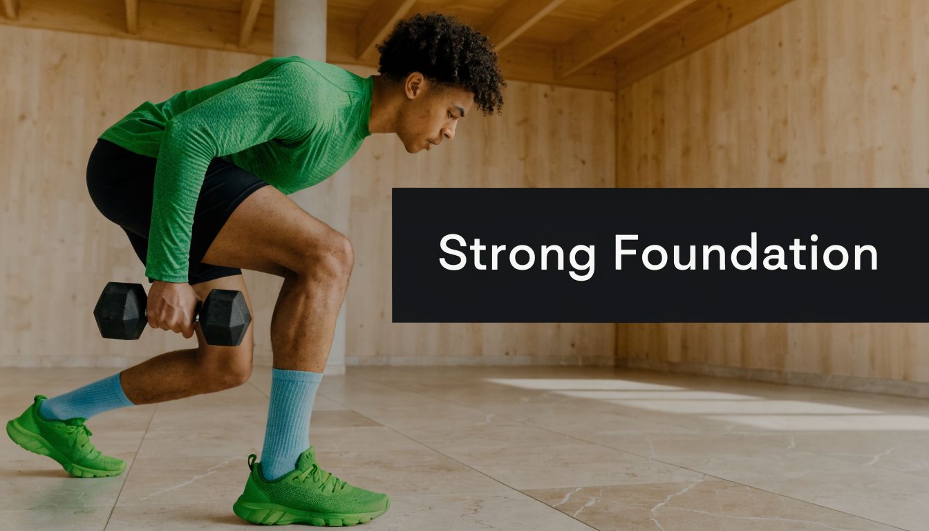 A fit young athlete performing a lunge exercise while holding dumbbells in a gym setting.