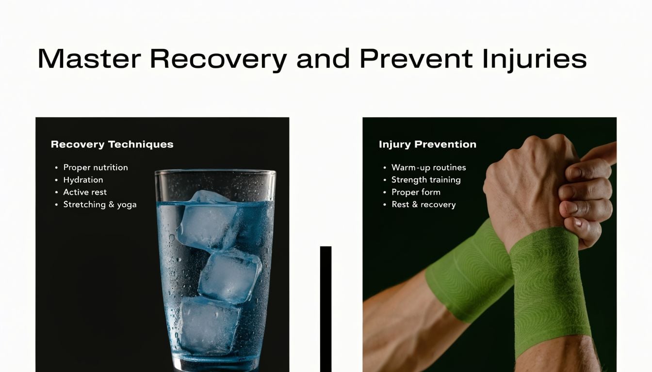 An infographic titled Master Recovery and Prevent Injuries with tips on nutrition, hydration, and injury prevention exercises.