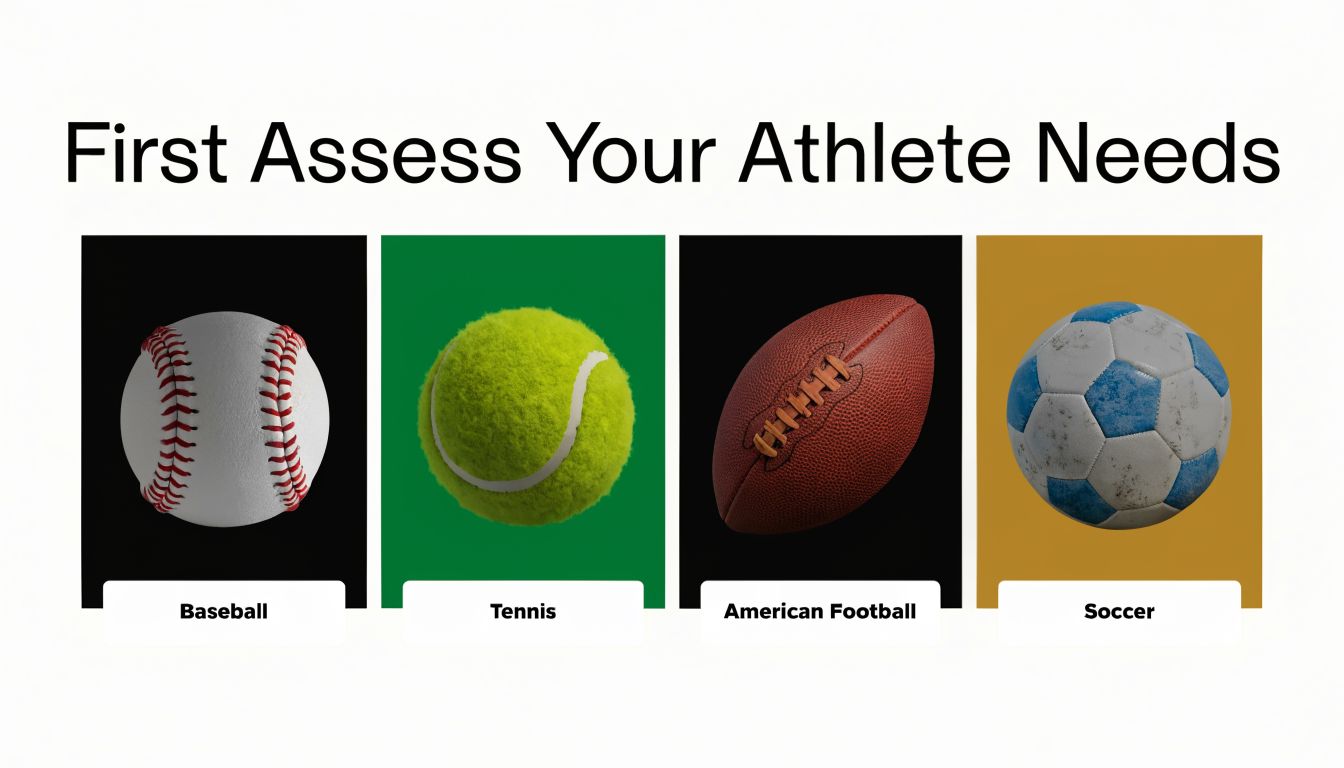 A graphic titled First Assess Your Athlete Needs displaying a baseball, tennis ball, football, and soccer ball.