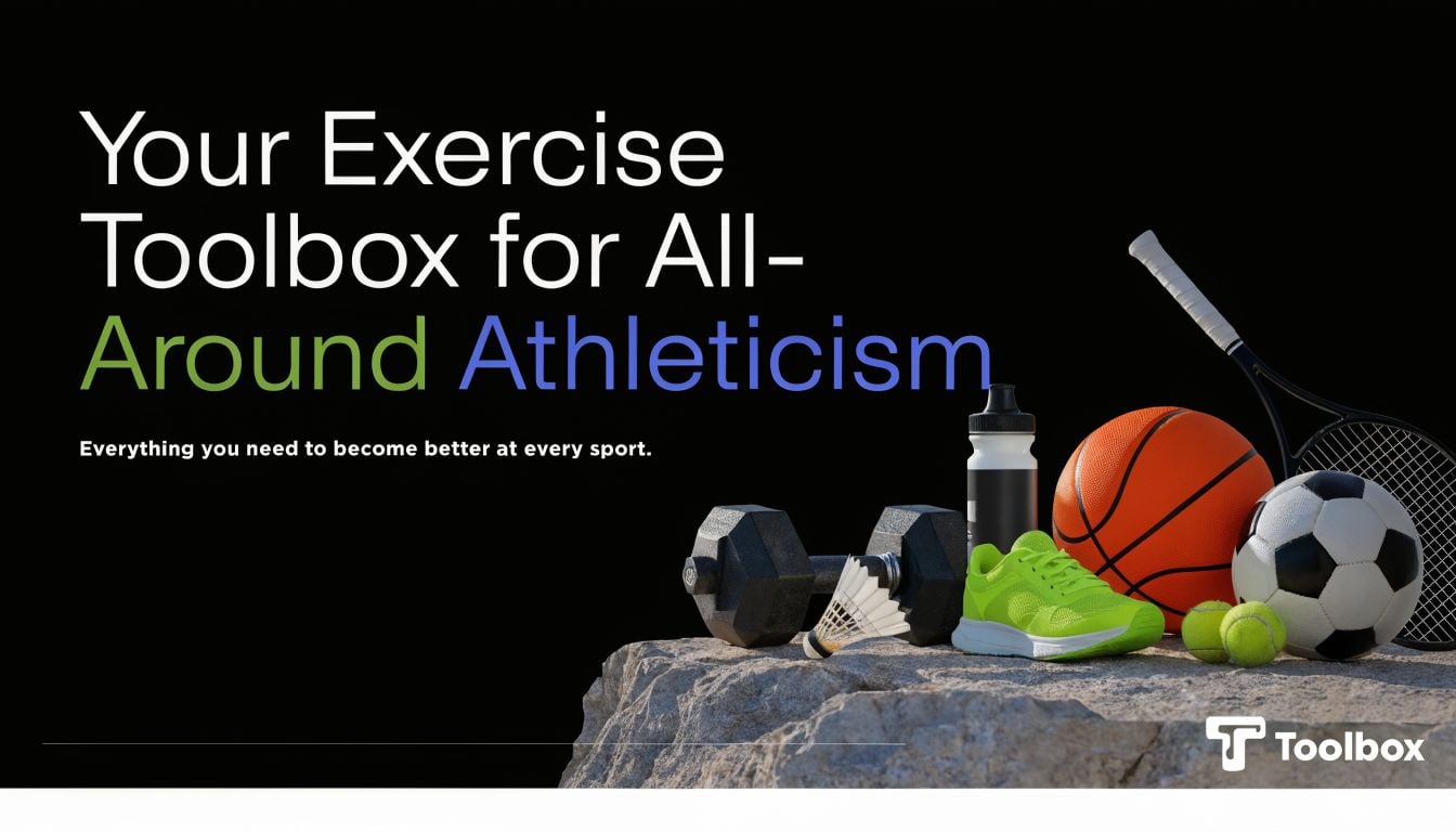 A collection of sports equipment including a dumbbell, shuttlecock, water bottle, basketball, soccer ball, and tennis racket.