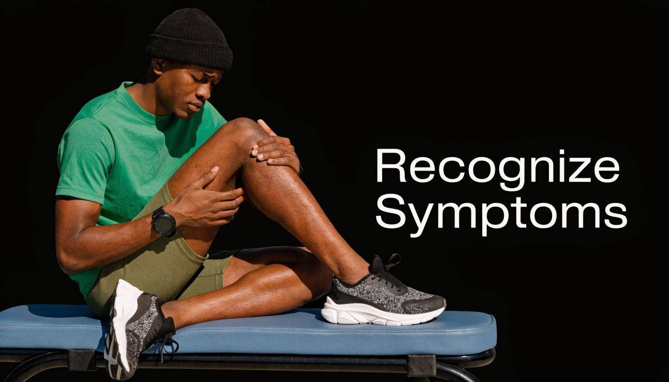 A man in athletic wear sitting on a bench holding his knee in pain, indicating a sports injury.