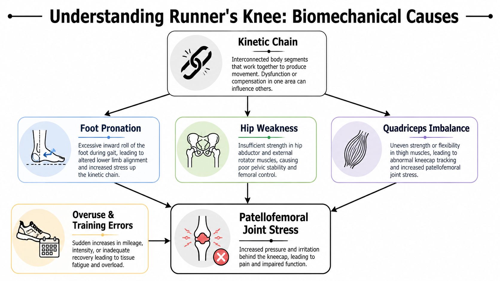 A flowchart explaining the biomechanical causes of runner's knee, including kinetic chain, hip, and foot factors.