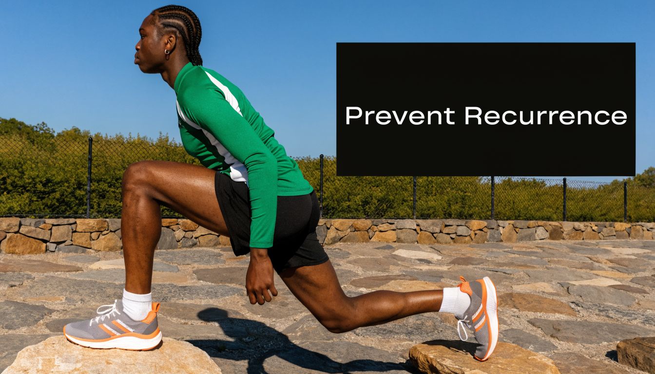 A fit athlete performing a forward lunge on rocks outdoors to prevent running injury recurrence.
