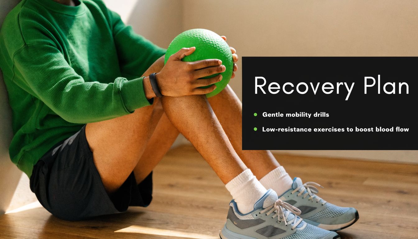 A person in athletic wear holding a green ball, resting their knee during a recovery plan session.