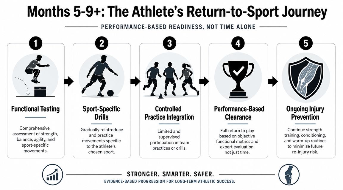 A five-step infographic showing the athlete's return-to-sport journey after surgery, focused on performance-based progression.