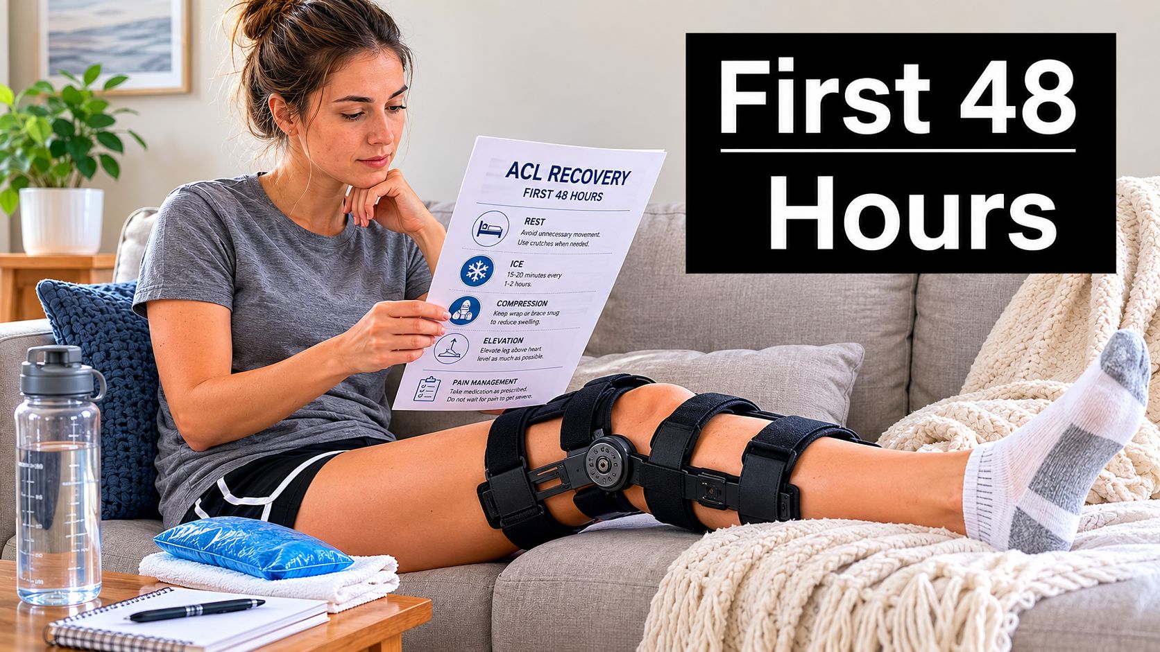 A young woman wearing a knee brace reading instructions on her lap while resting on a couch.