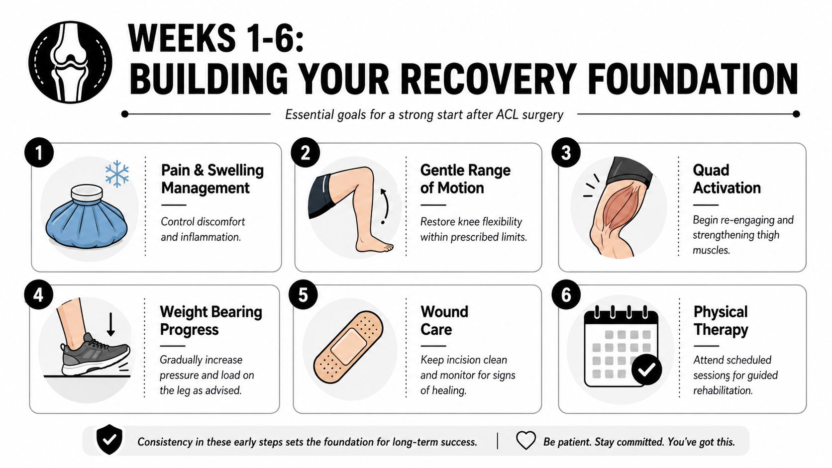 An infographic detailing six essential recovery goals for patients during the first six weeks following ACL surgery.