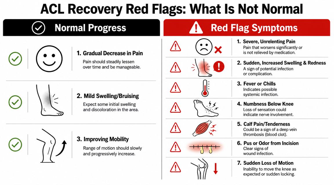 A table comparing normal ACL surgery recovery signs versus potential red flag symptoms to watch for.