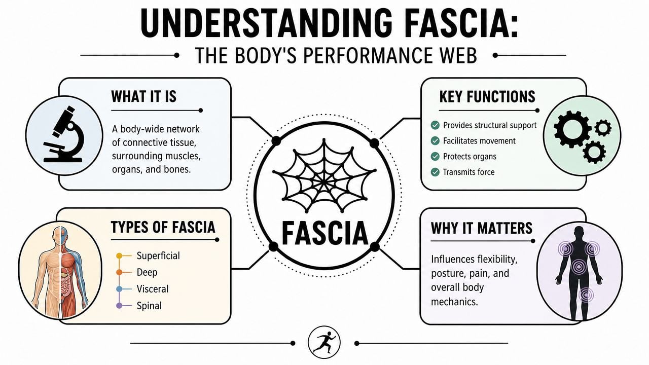 An infographic titled Understanding Fascia explaining its function, types, and importance in the human body.