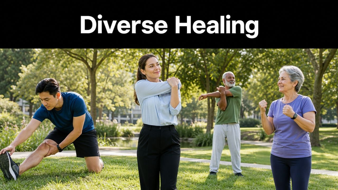 A diverse group of people stretching and exercising together in a sunny park setting.
