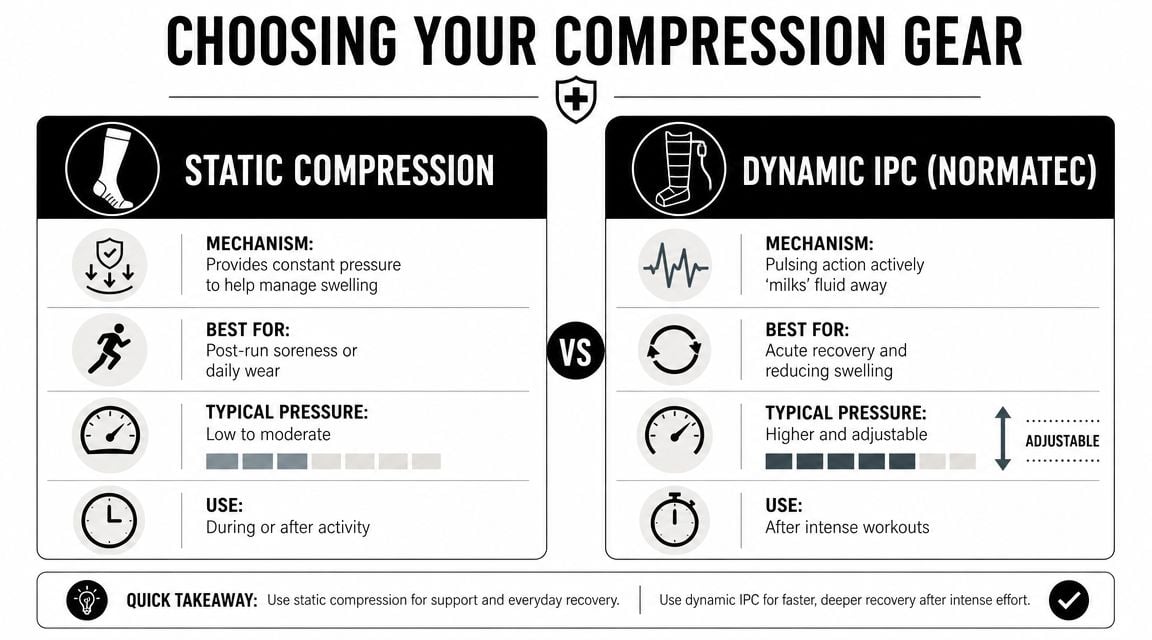 A comparison chart explaining the differences between static compression socks and dynamic IPC Normatec recovery gear.