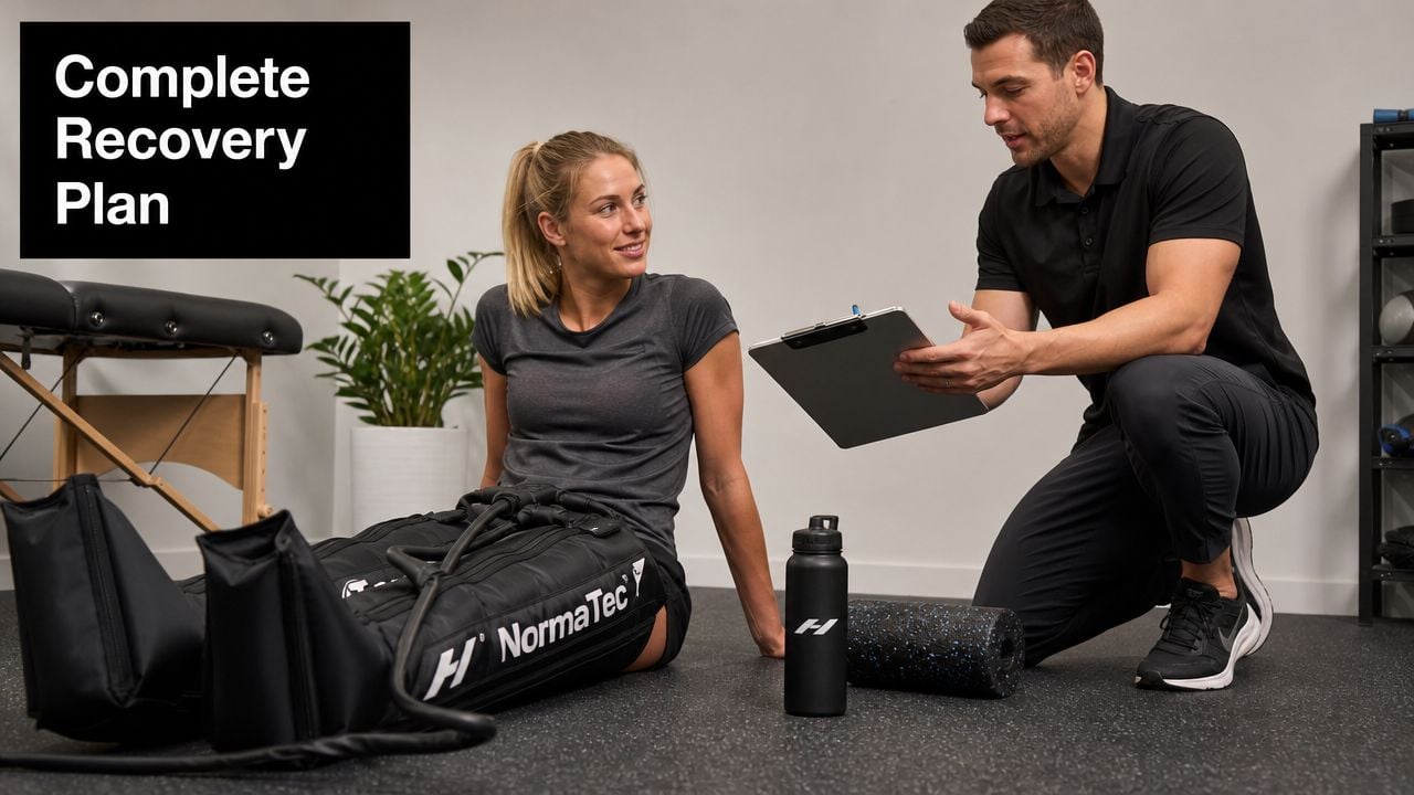 A male trainer discussing a physical recovery plan with a female athlete using NormaTec compression therapy boots.