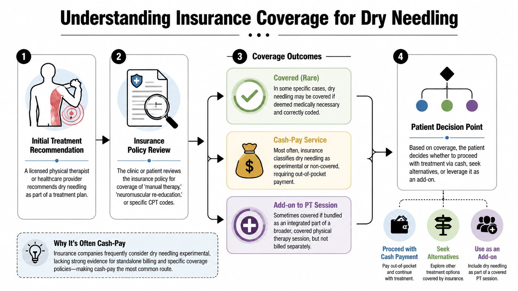 An infographic titled Understanding Insurance Coverage for Dry Needling showing the process of treatment and payment options.