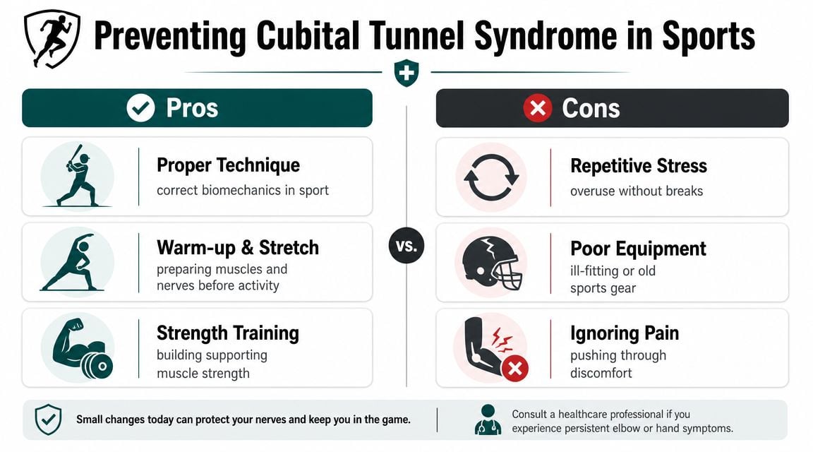 An infographic showing tips for preventing cubital tunnel syndrome in sports, covering pros and cons.