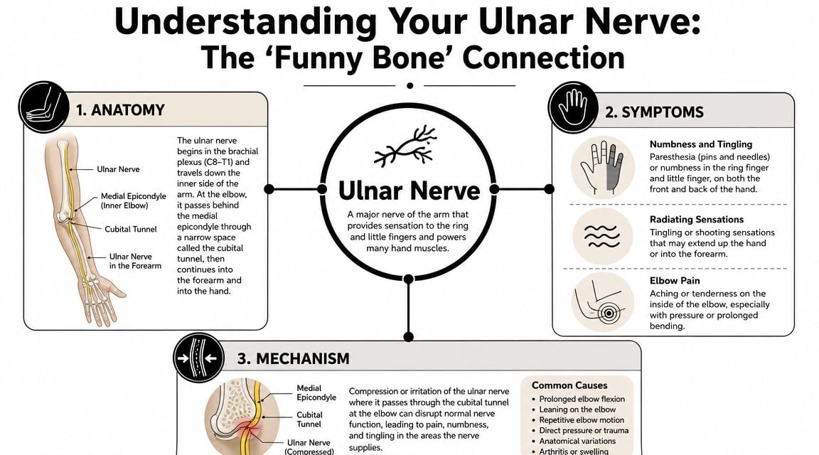 An infographic titled Understanding Your Ulnar Nerve showing the anatomy, symptoms, and causes of cubital tunnel syndrome.