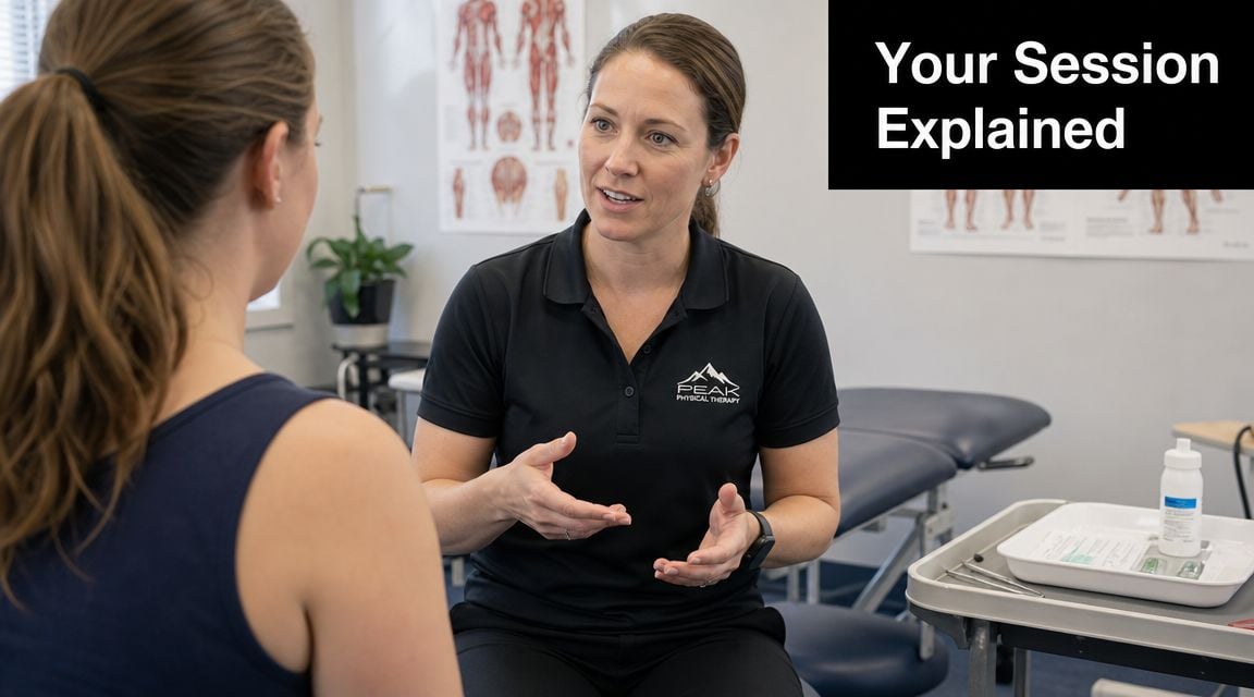 A female physical therapist explaining treatment options to a patient in a medical office setting.