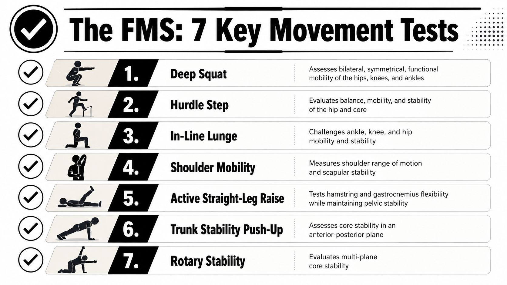 A list of the seven Functional Movement Screen tests shown with icons and descriptions of their primary purposes.