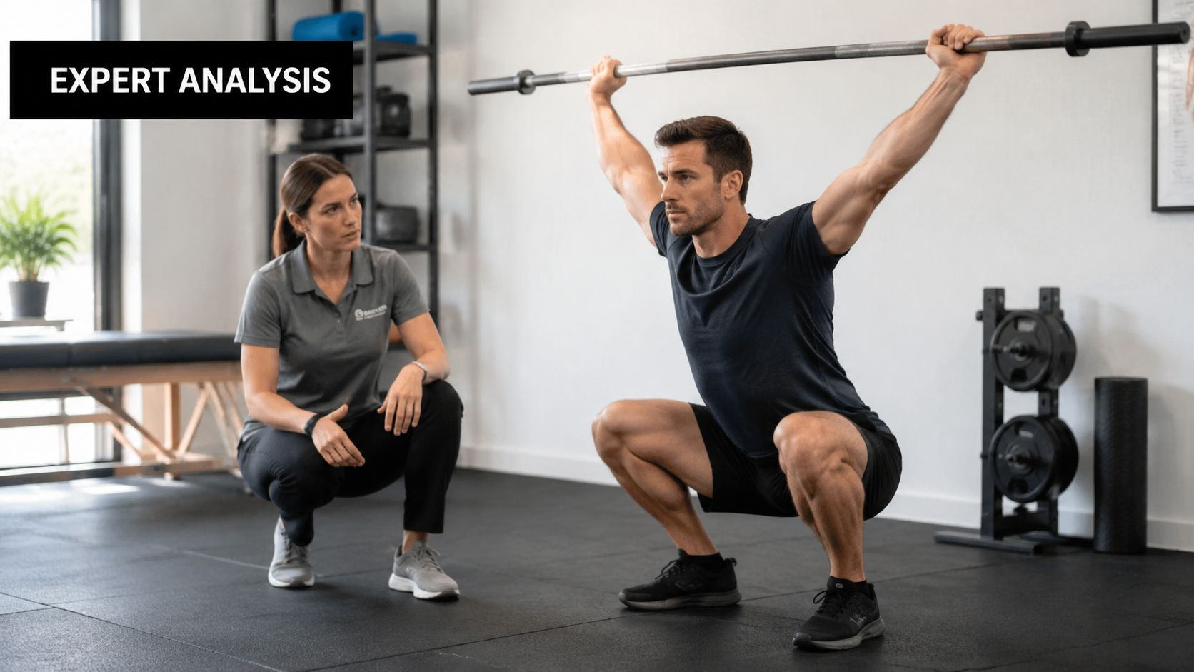 A professional trainer observes a male athlete performing an overhead squat for functional movement assessment.