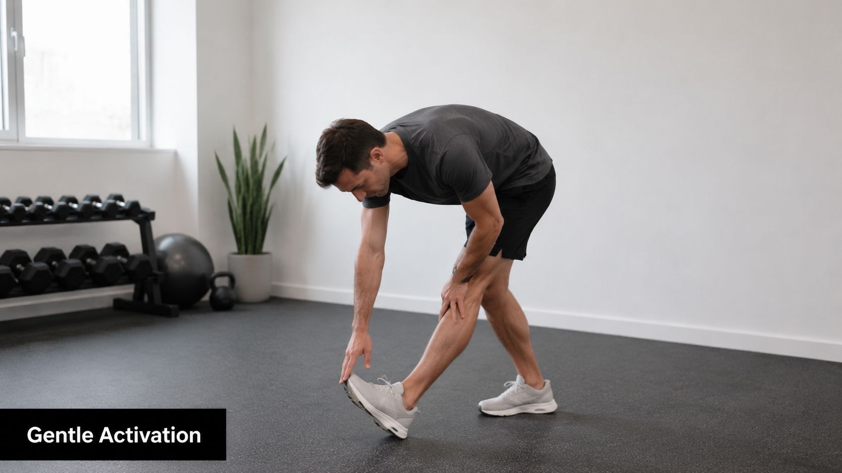 A man in a gym stretching his hamstring by reaching towards the toe of his extended leg.