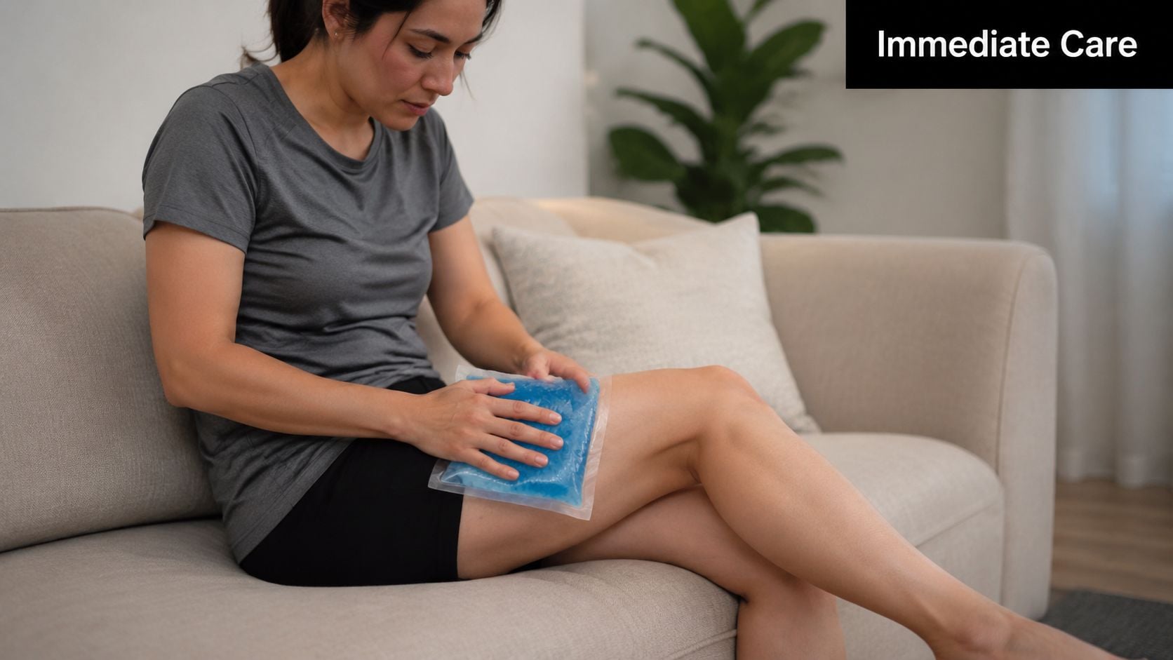 A woman sitting on a couch applying a blue gel ice pack to her sore hamstring muscle.