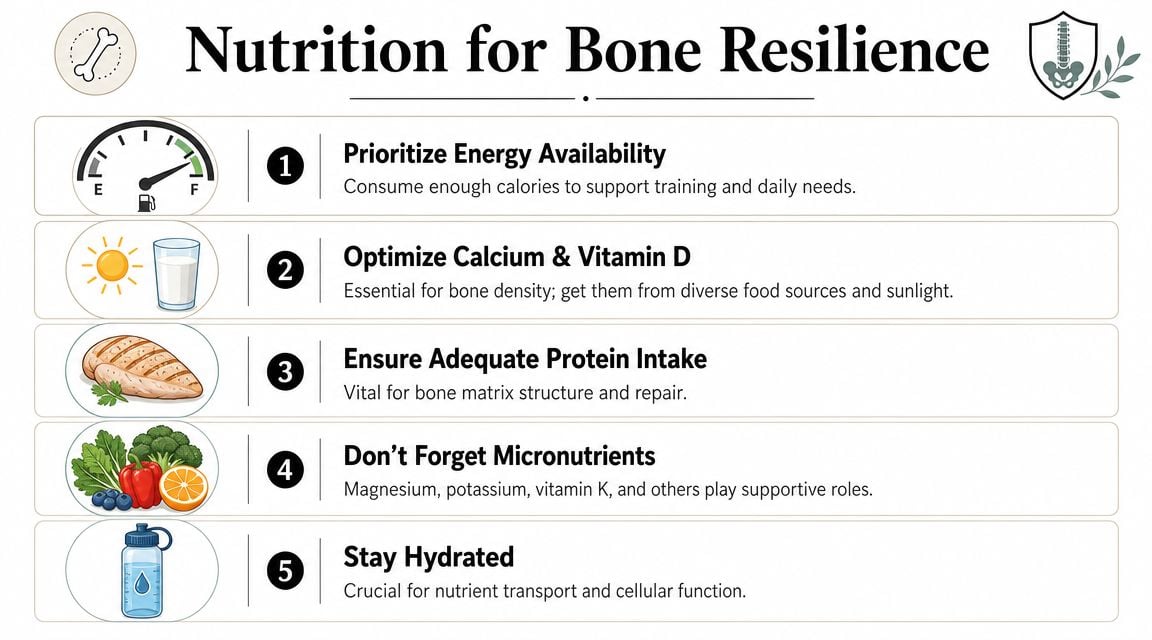 A nutritional guide infographic explaining five key factors for building and maintaining healthy, resilient bones.