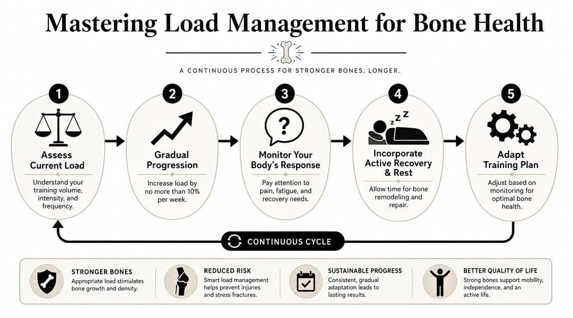 A five-step infographic guide on mastering load management to improve bone health and prevent stress fractures.