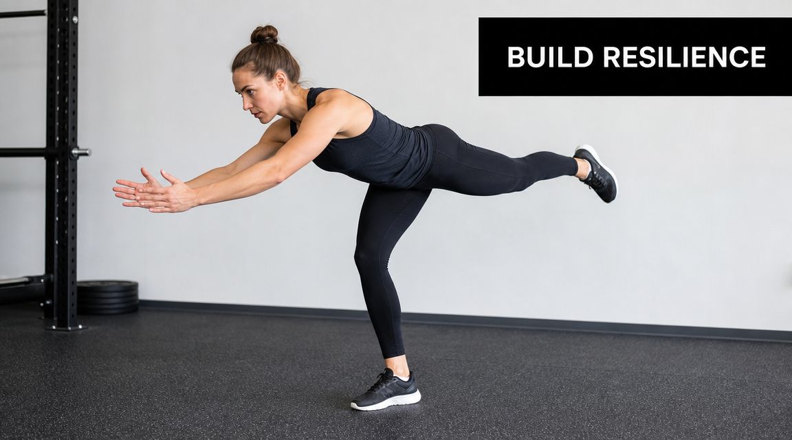 A woman performing a single-leg deadlift exercise to improve balance and build resilience in the gym.