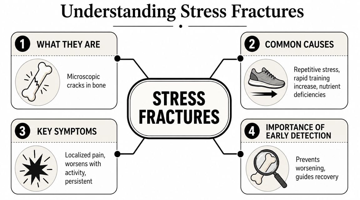 An infographic titled Understanding Stress Fractures detailing causes, symptoms, and the importance of early detection.