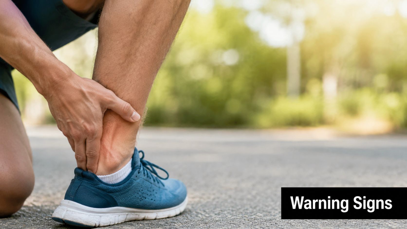 A runner holding their injured ankle in pain while kneeling on an asphalt running track outdoors.