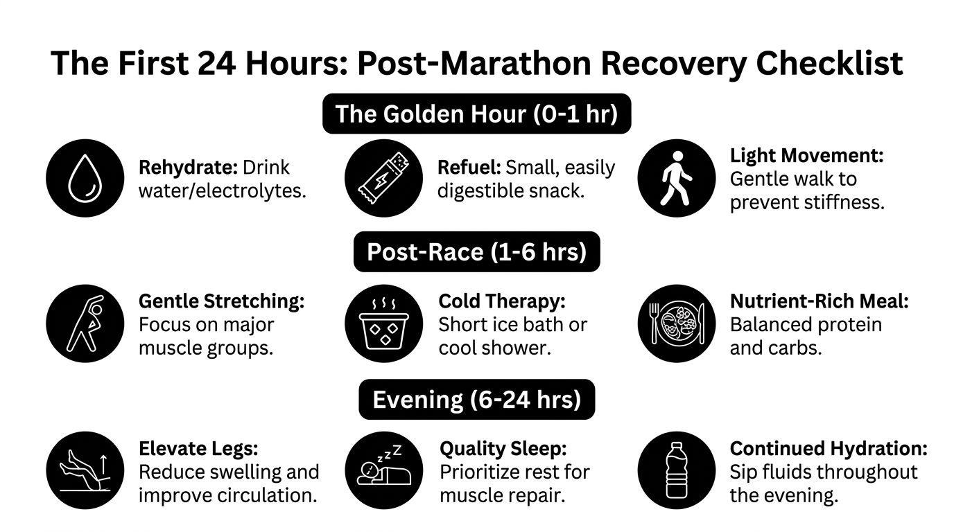 A recovery checklist infographic outlining essential steps for runners to follow during the first 24 hours post-marathon.
