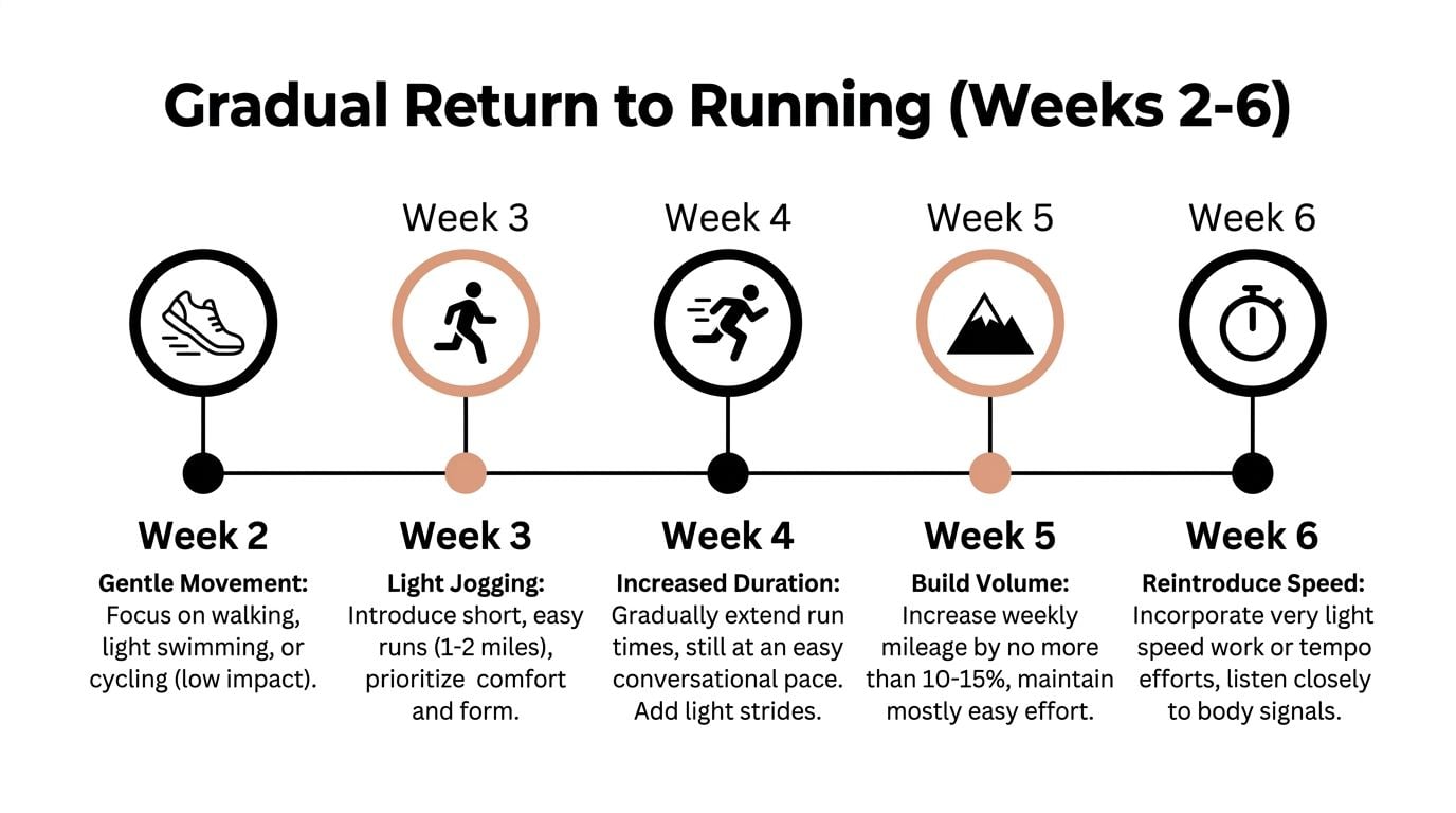 A flowchart outlining a five-week gradual return to running program, from gentle movement to reintroducing speed.