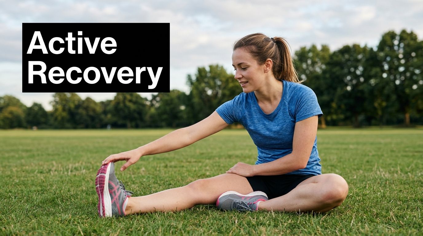 A woman in sportswear sitting on grass and stretching her leg as part of active recovery.