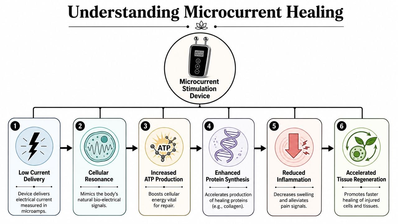 An infographic titled Understanding Microcurrent Healing, detailing the six-step process of how stimulation devices support cellular repair.