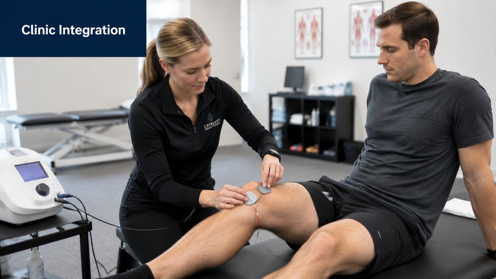 A female physical therapist applying microcurrent stimulation pads to a male patient's knee in a clinical setting.