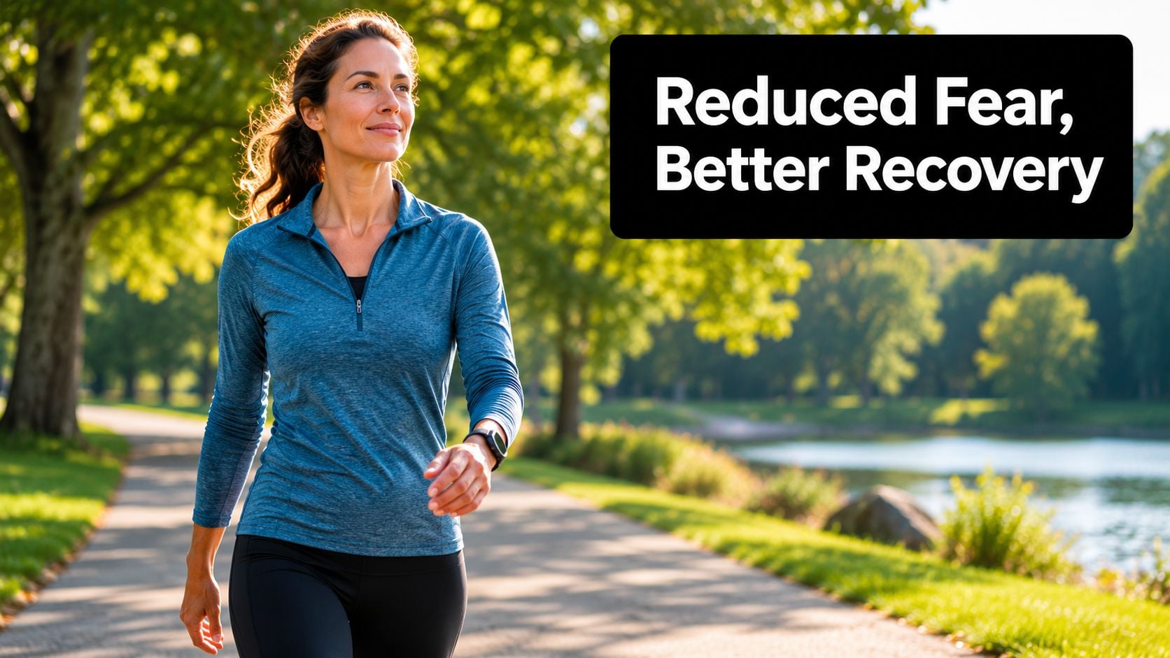 A woman walks confidently along a scenic park path, symbolizing recovery and positive health outcomes.