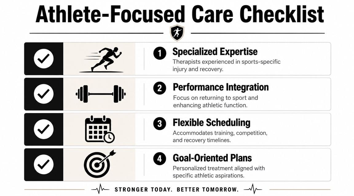 An infographic titled Athlete-Focused Care Checklist featuring four key pillars of specialized sports injury physical therapy.