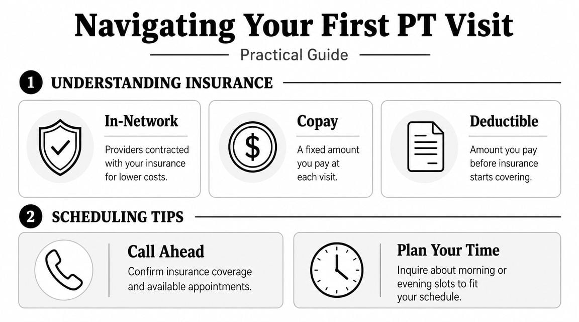An infographic titled Navigating Your First PT Visit explaining insurance terms and scheduling tips for patients.