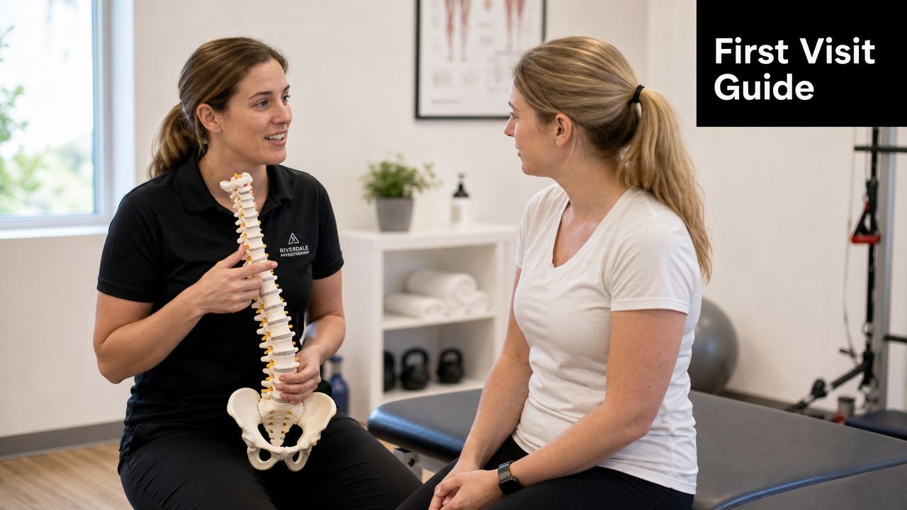 A female physiotherapist explaining a spine model to a patient during a consultation in a clinic.