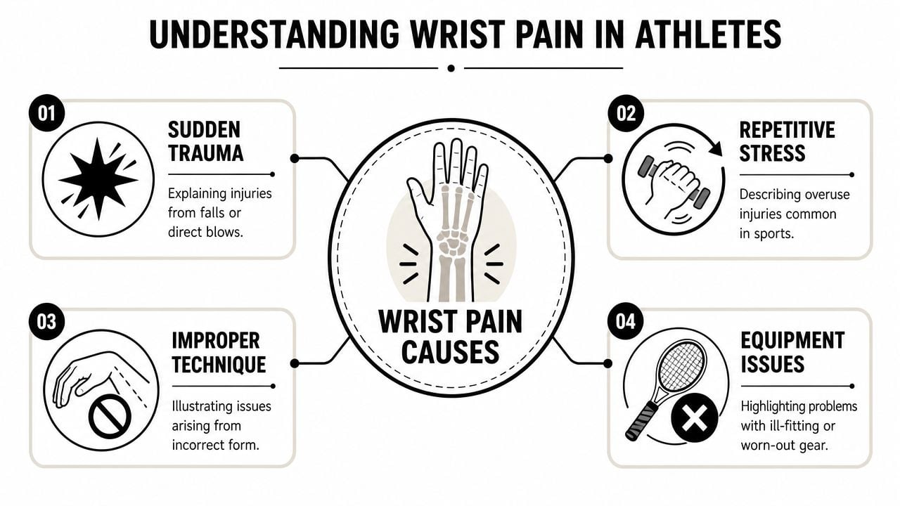 An infographic detailing four primary causes of wrist pain in athletes: trauma, repetitive stress, technique, and equipment.