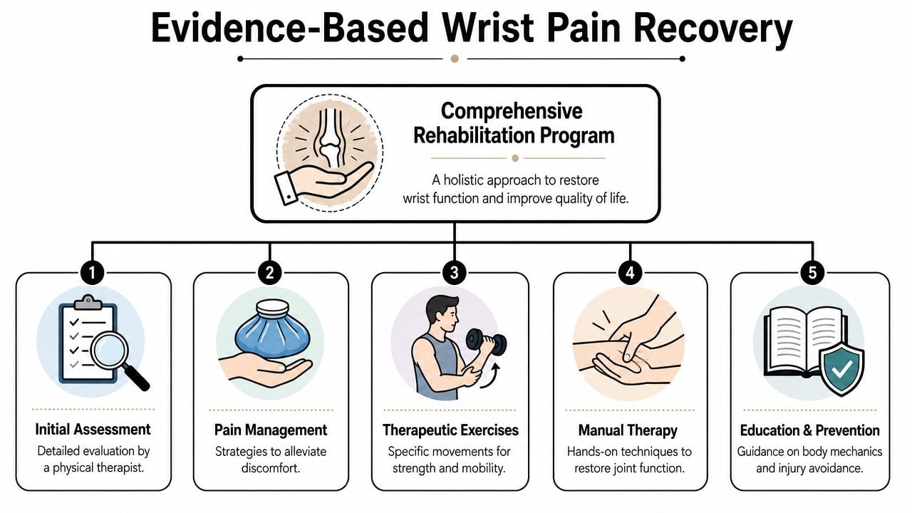 An infographic titled Evidence-Based Wrist Pain Recovery illustrating five key steps for treating and rehabilitating wrist injuries.