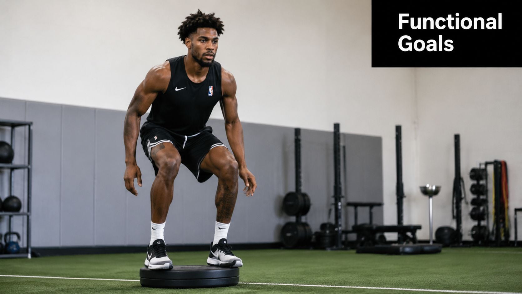 A professional athlete practicing a squat exercise on a balance board inside a training gym facility.