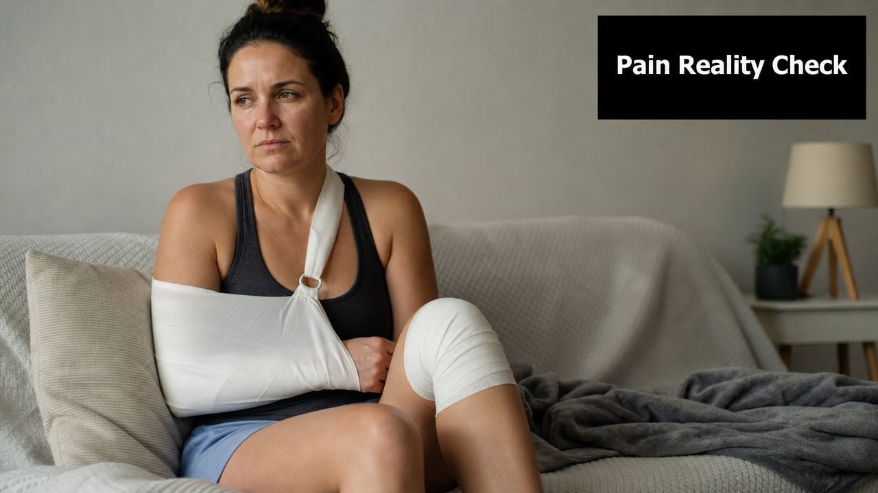 A woman sits on a couch looking pensive, wearing an arm sling and a bandage on her knee.