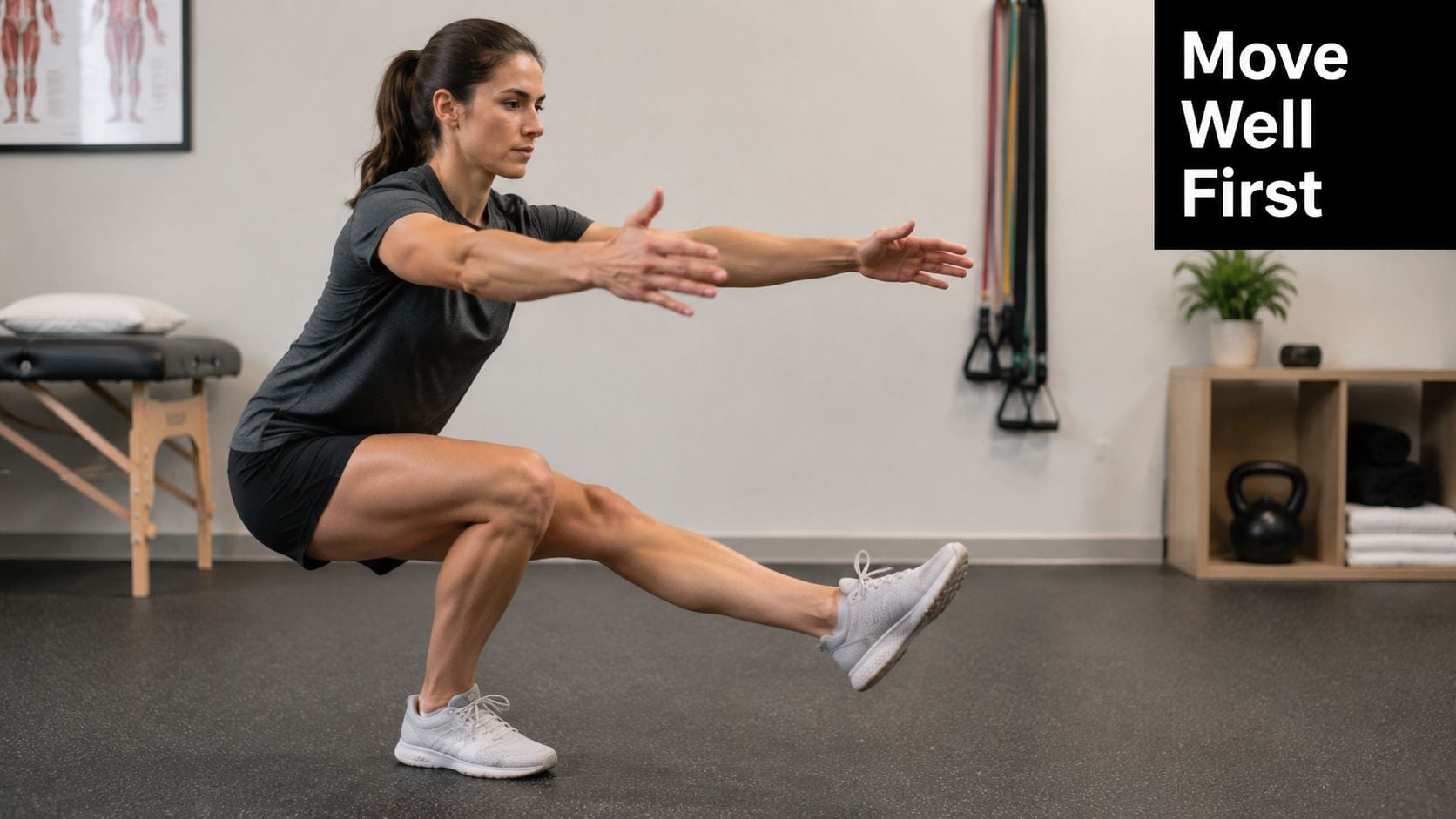 A female athlete performing a single leg pistol squat exercise in a professional physical therapy clinic.