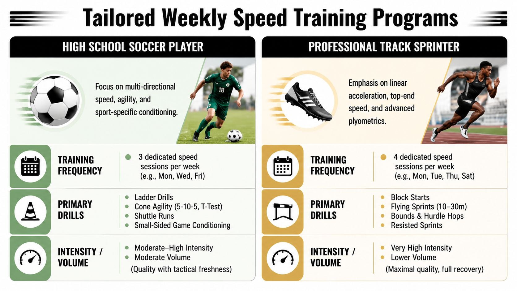 A comparison chart showing tailored weekly speed training programs for high school soccer players and professional track sprinters.