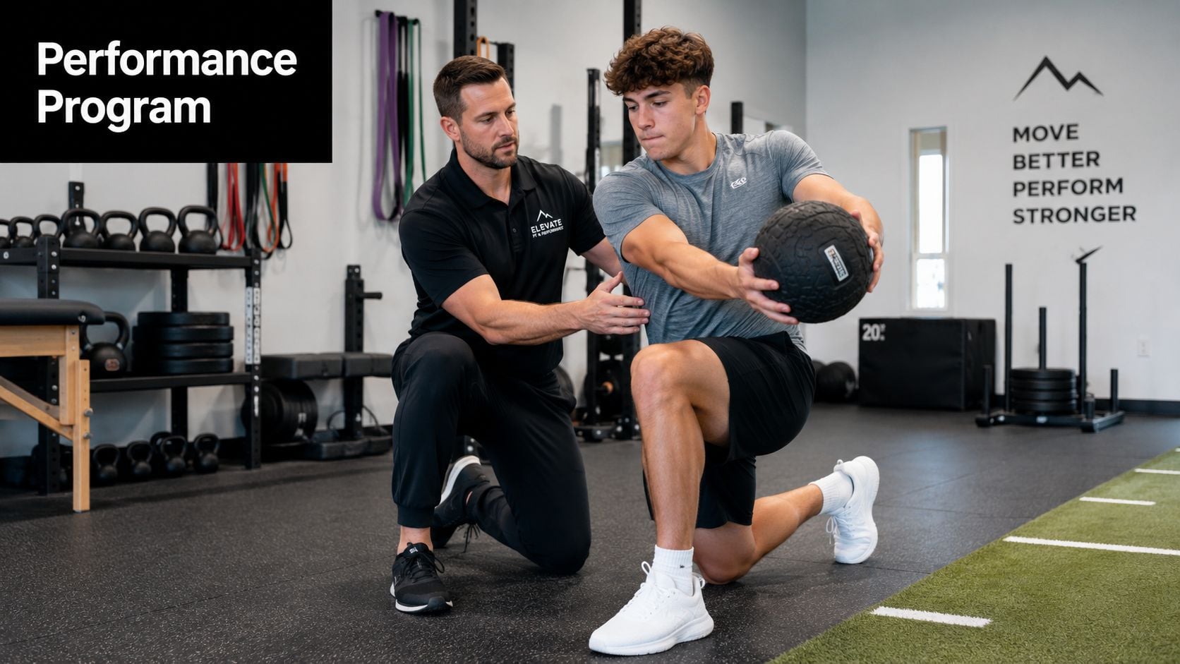 A physical therapist guiding a young athlete through a lunge exercise with a medicine ball in a gym.